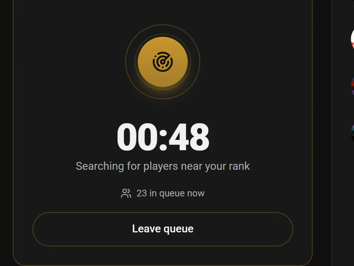 The matchmaking page mid-search: the queue timer at 00:47 while it searches for players near your rank, with 23 players in the queue.
